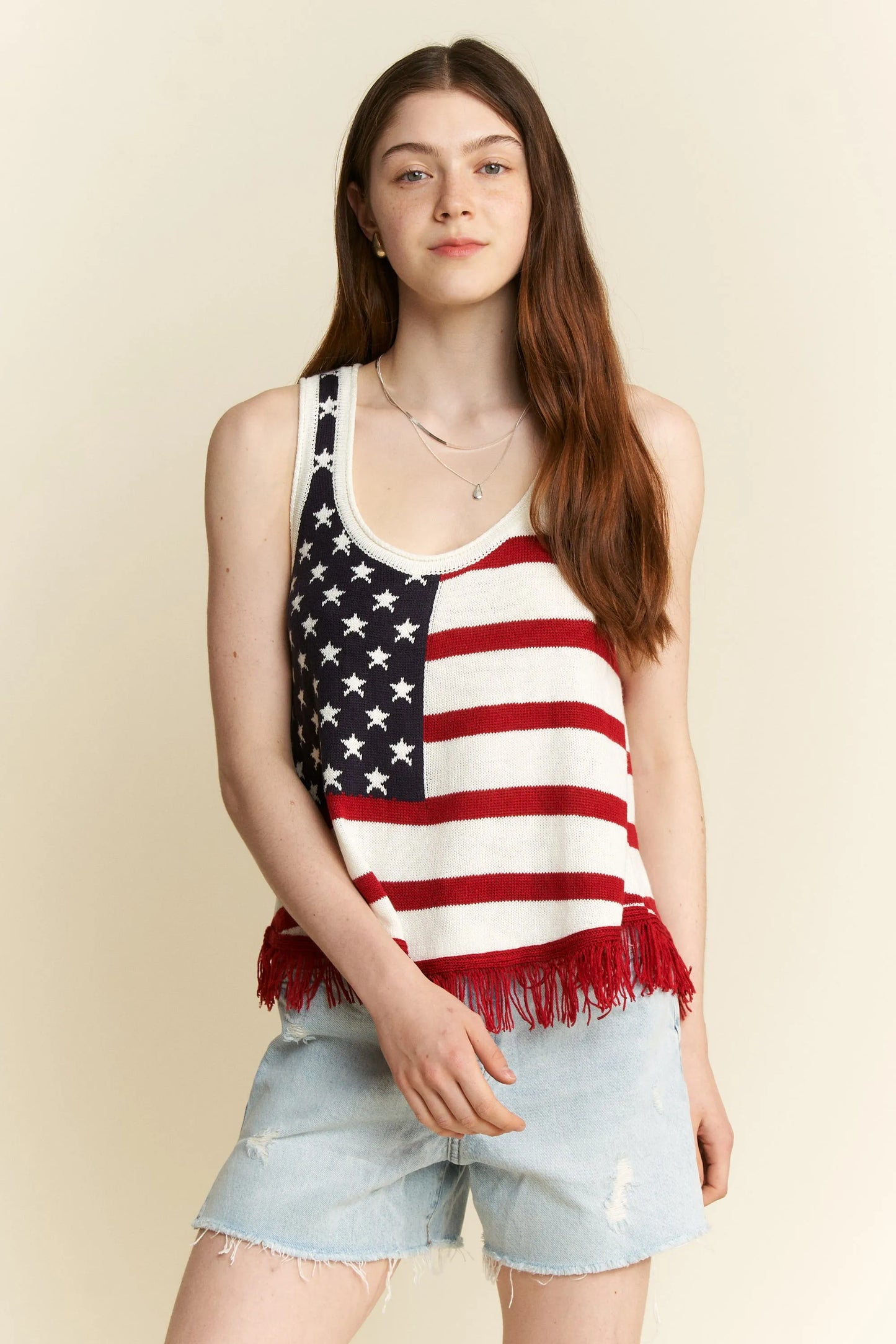 Image of Jade By Jane Full Size American Flag Fringe Tank Top Plus Size | Queeble.shop