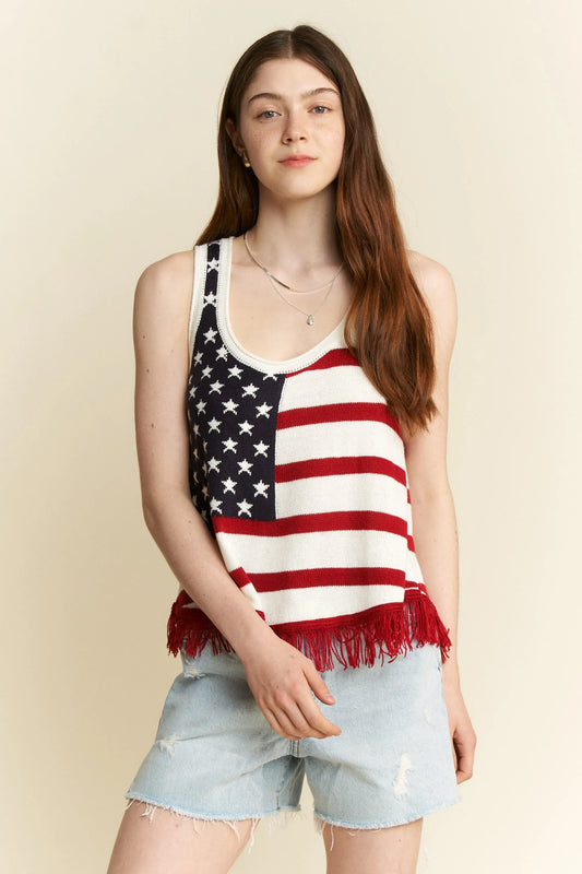 Image of Jade By Jane Full Size American Flag Fringe Tank Top Plus Size | Queeble.shop