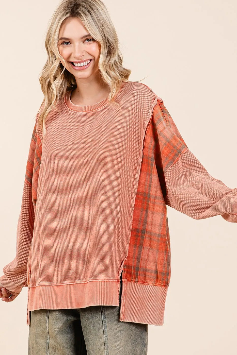 Image of Mittoshop Plaid Panel Mineral Wash French Terry Sweatshirt | Queeble.shop