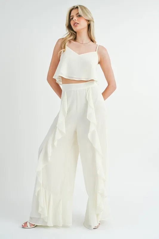 Image of MABLE Crop Cami and Ruffled Wide Leg Pants Set | Queeble.shop