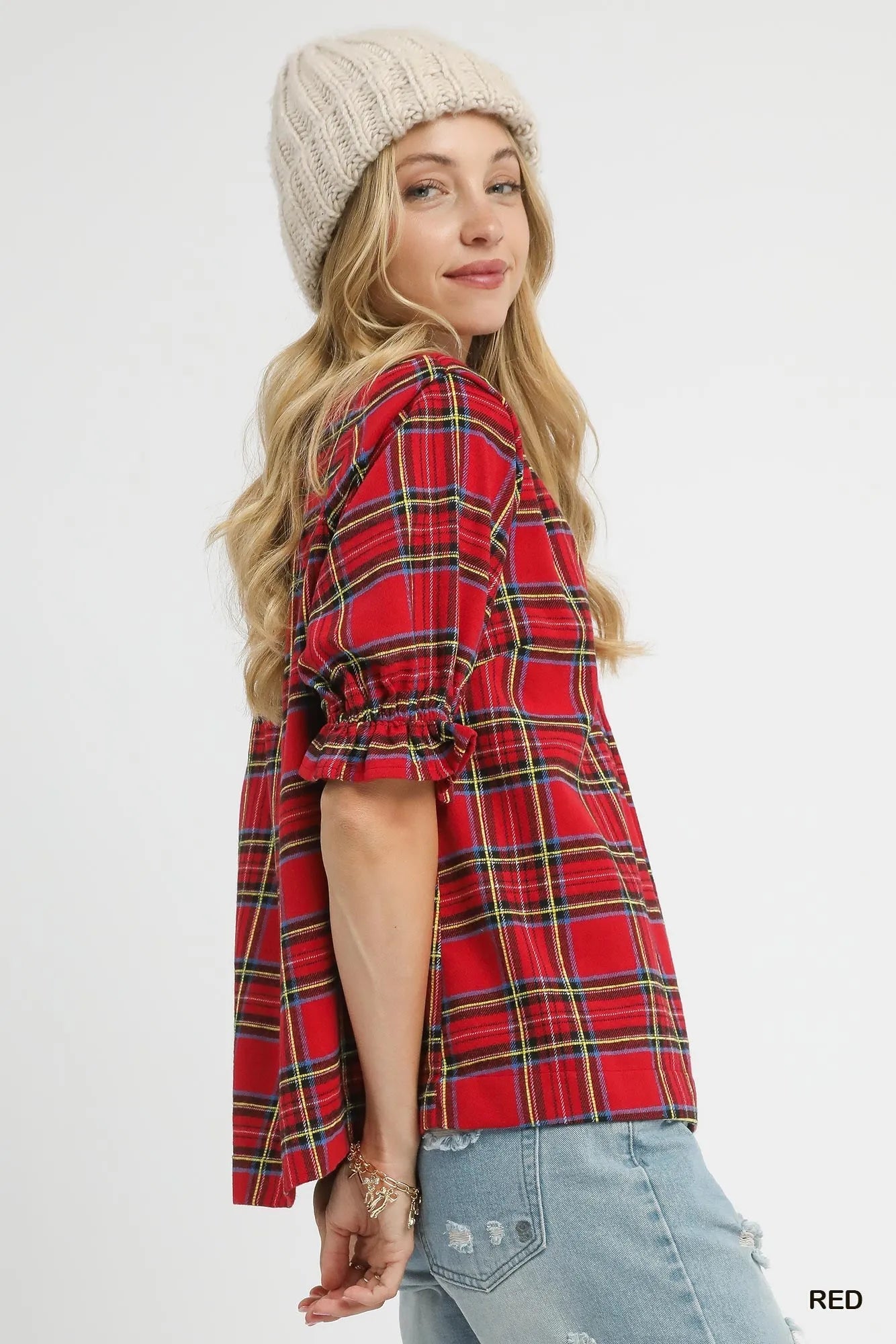 Image of Umgee Plaid Smocked V-Neck Flannel Top | Queeble.shop