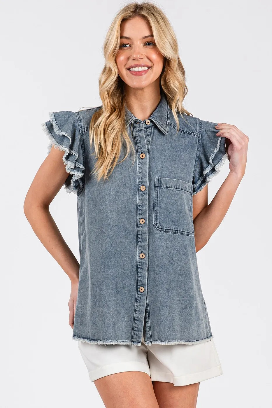 Image of Mittoshop Washed Denim Ruffle Short Sleeve Collared Shirt | Queeble.shop