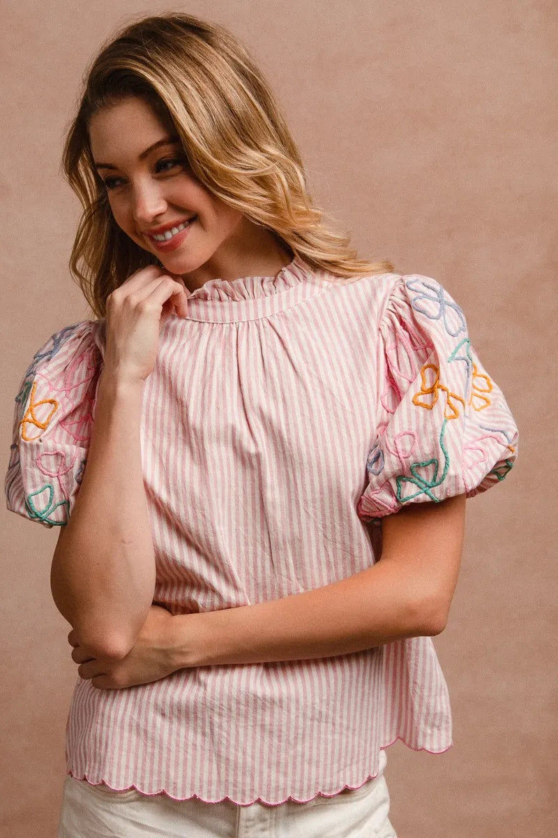 Image of BiBi Embroidery Bubble Sleeve Top With Bottom Scallop Detail | Queeble.shop
