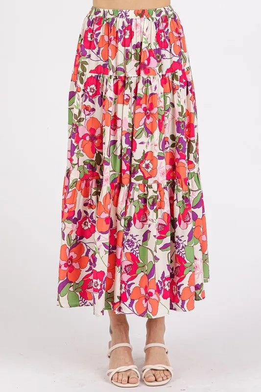 Image of Mittoshop Flower Print Elastic Waist Tiered Skirt | Queeble.shop