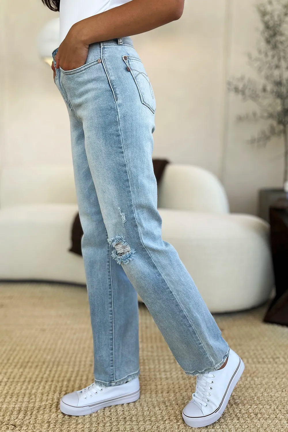 Image of Judy Blue Full Size High Waist Distressed Straight Jeans | Queeble.shop