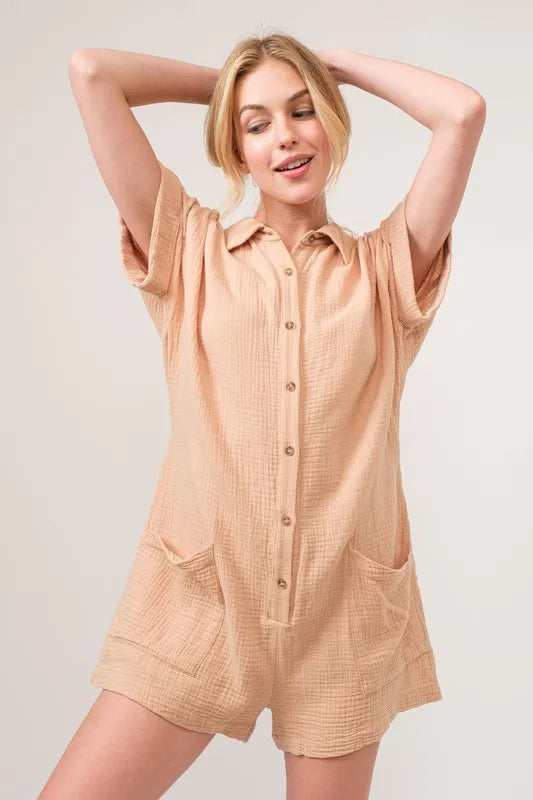 Image of And The Why Washed Gauze Roll-up Sleeve Comfort Utility Romper | Queeble.shop