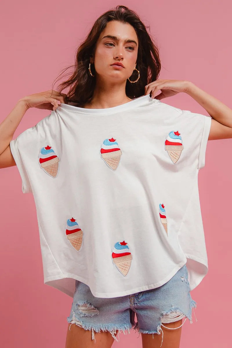 Image of BiBi Solid Terry With Fourth Of July Theme Patched Top | Queeble.shop