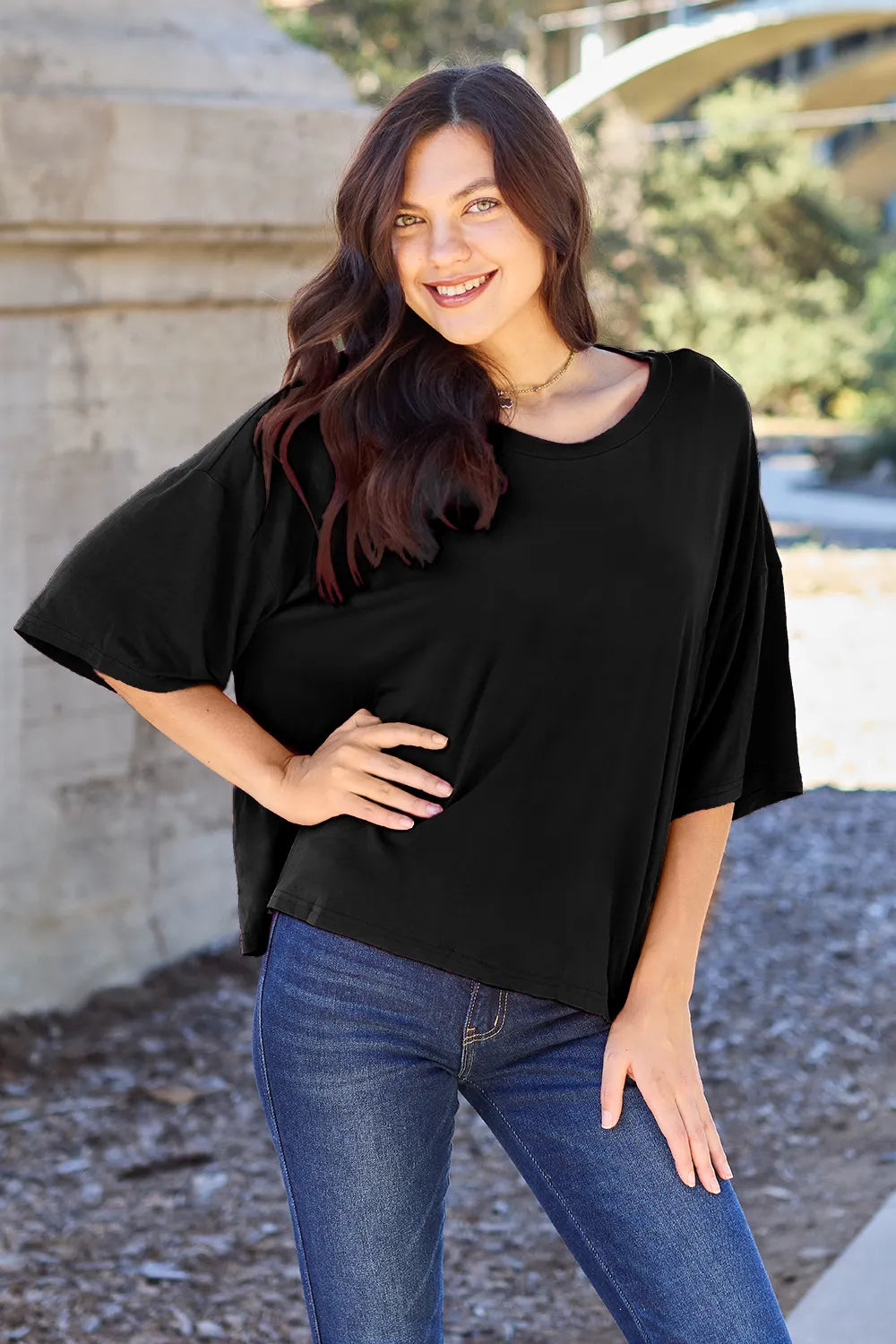 Image of Basic Bae Bamboo Full Size Round Neck Drop Shoulder T-Shirt | Queeble.shop