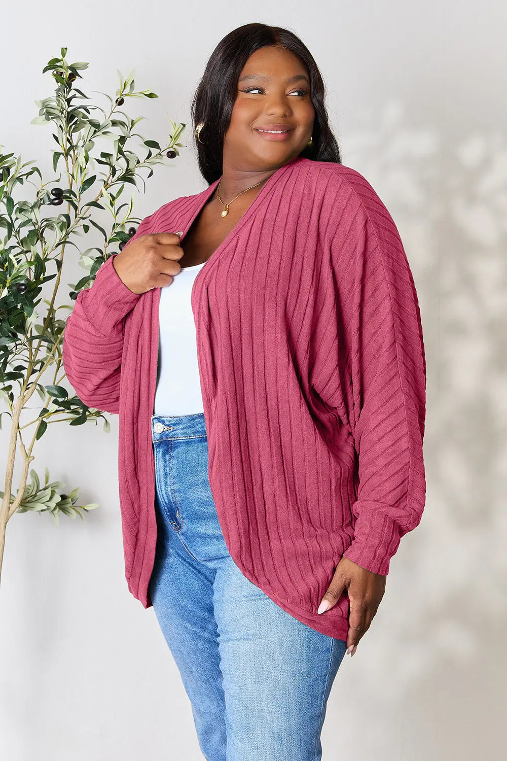 Image of Basic Bae Full Size Ribbed Cocoon Cardigan | Queeble.shop