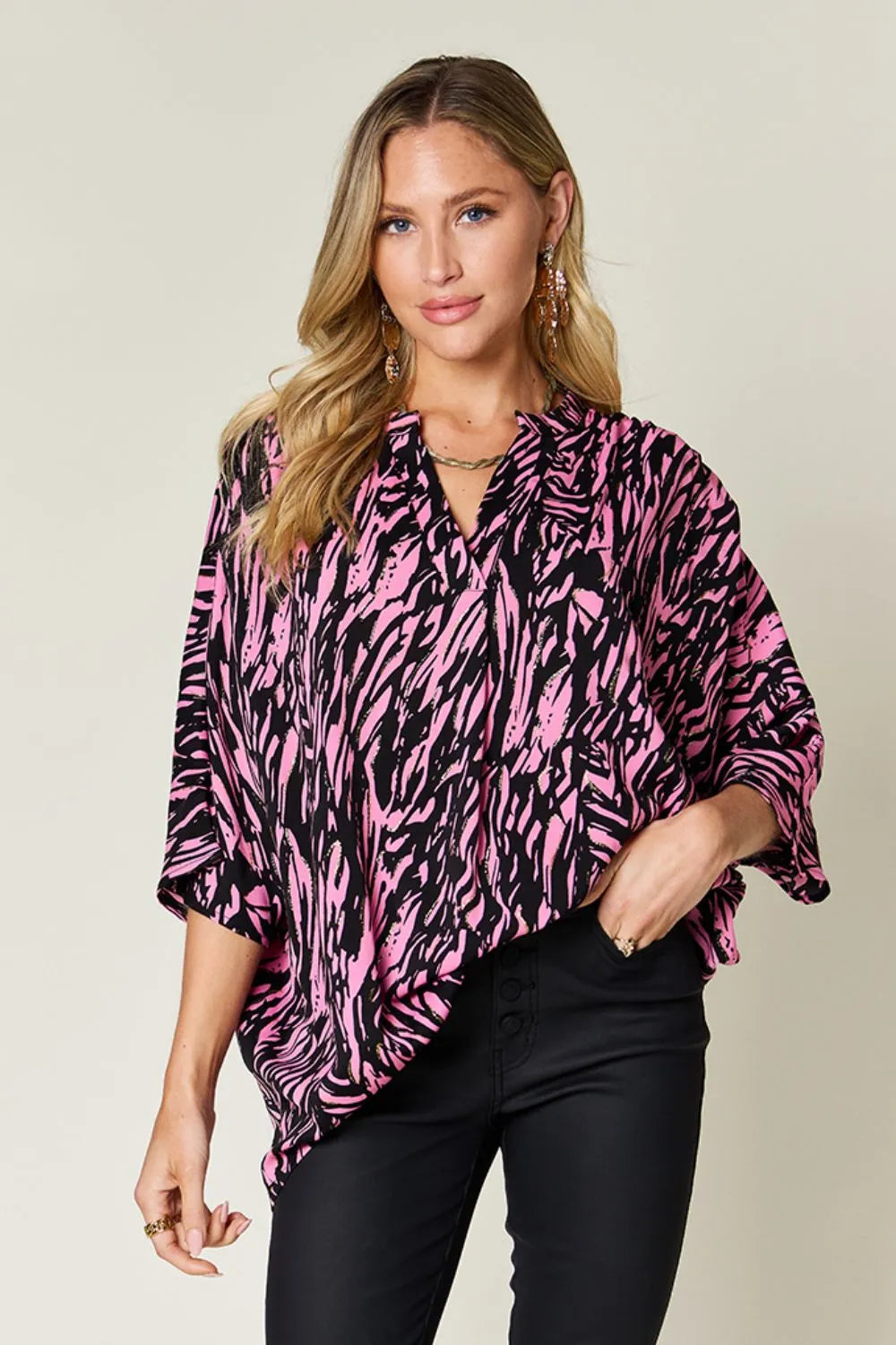Image of Double Take Full Size Printed Notched Three-Quarter Sleeve Blouse | Queeble.shop