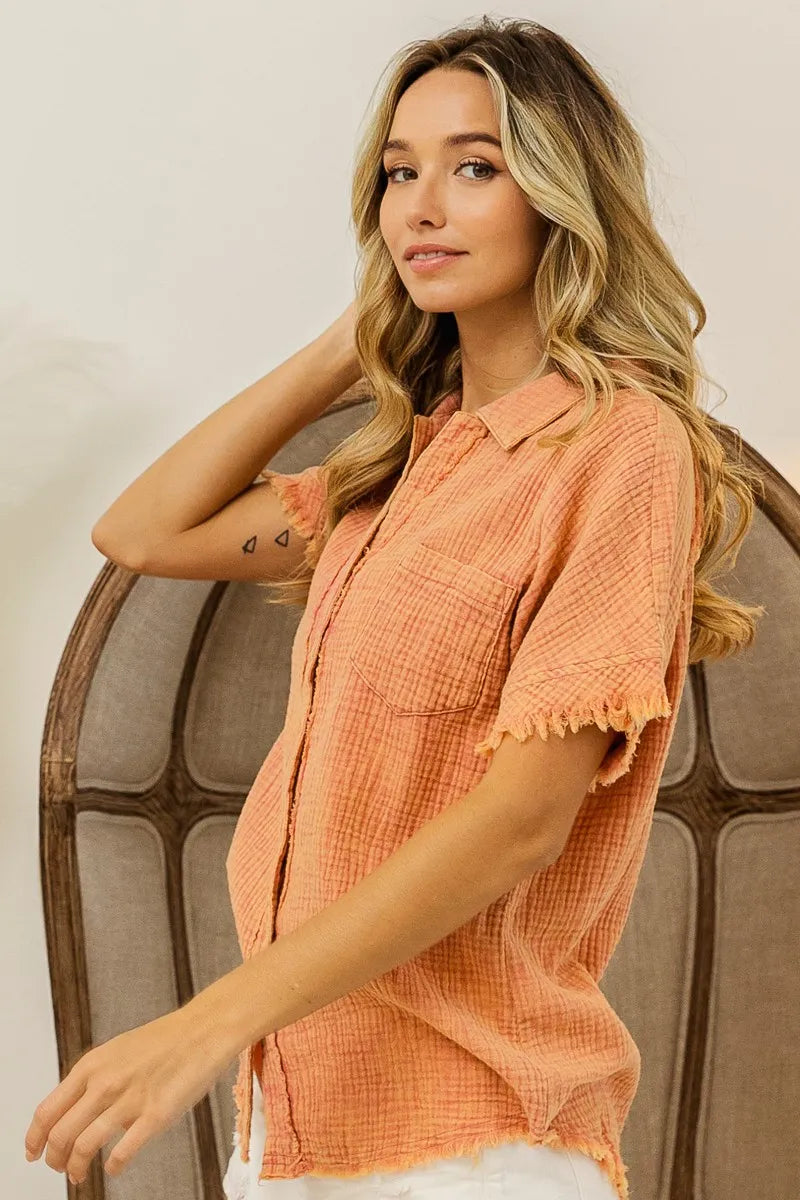 Image of BiBi Mineral Washed Buttoned Up Shirt Top | Queeble.shop