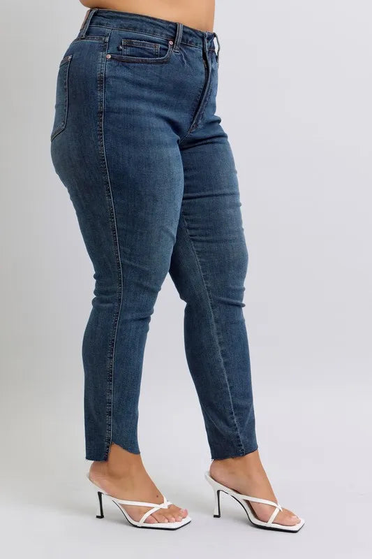 Image of Judy Blue Full Size High Waist Tummy Control Step Hem Skinny Jeans Plus Size | Queeble.shop