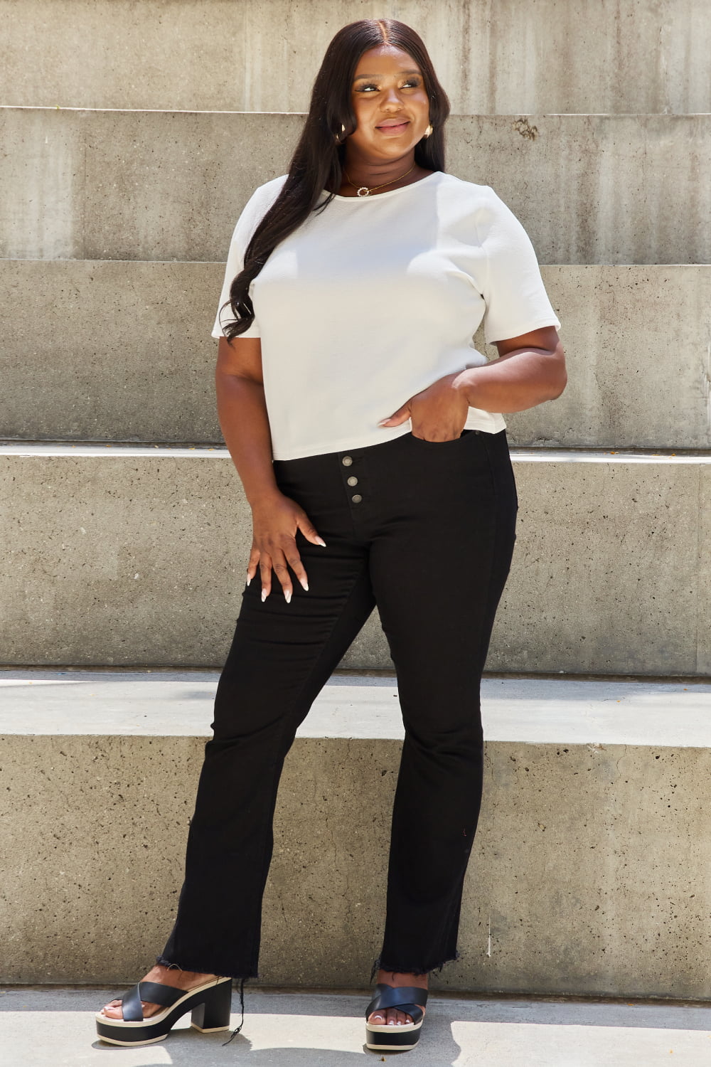 Image of And The Why Pearly White Full Size Criss Cross Pearl Detail Open Back T-Shirt | Queeble.shop