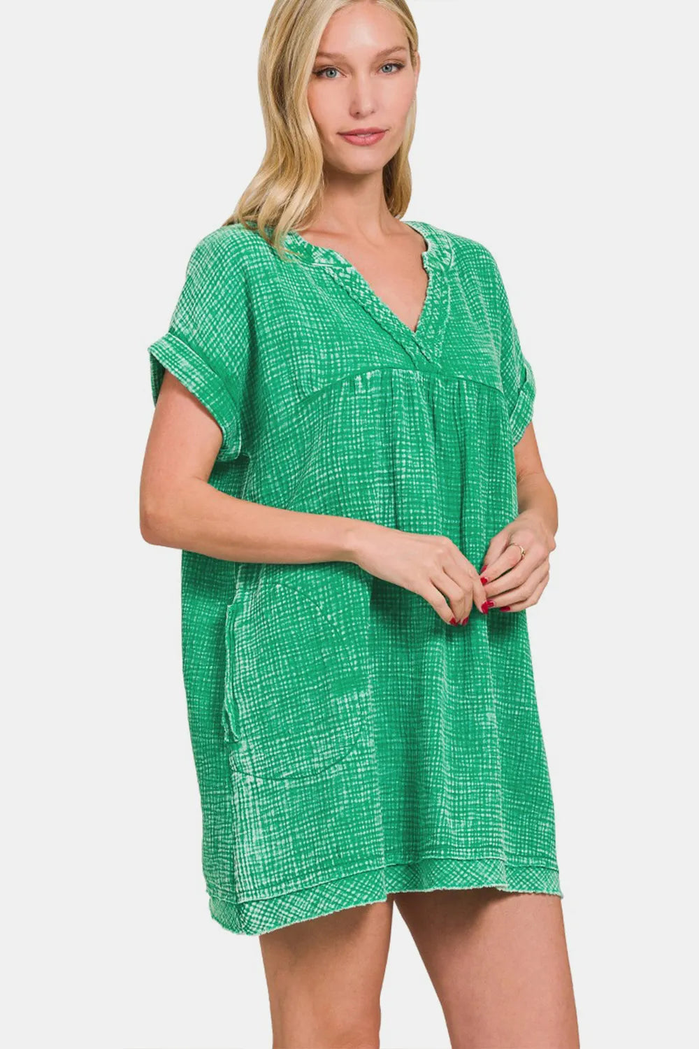 Image of Zenana Washed Notched Short Sleeve Mini Dress | Queeble.shop