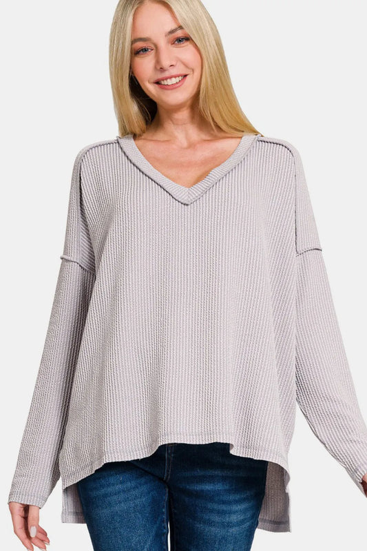 Image of Zenana Texture Exposed Seam V-Neck Long Sleeve T-Shirt | Queeble.shop
