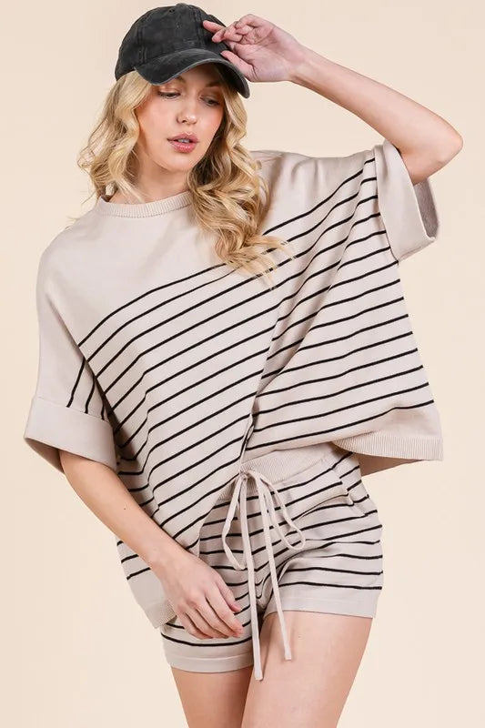 Image of Lime 'N' Chili Striped Folded Half Sleeve Top and Shorts Set | Queeble.shop