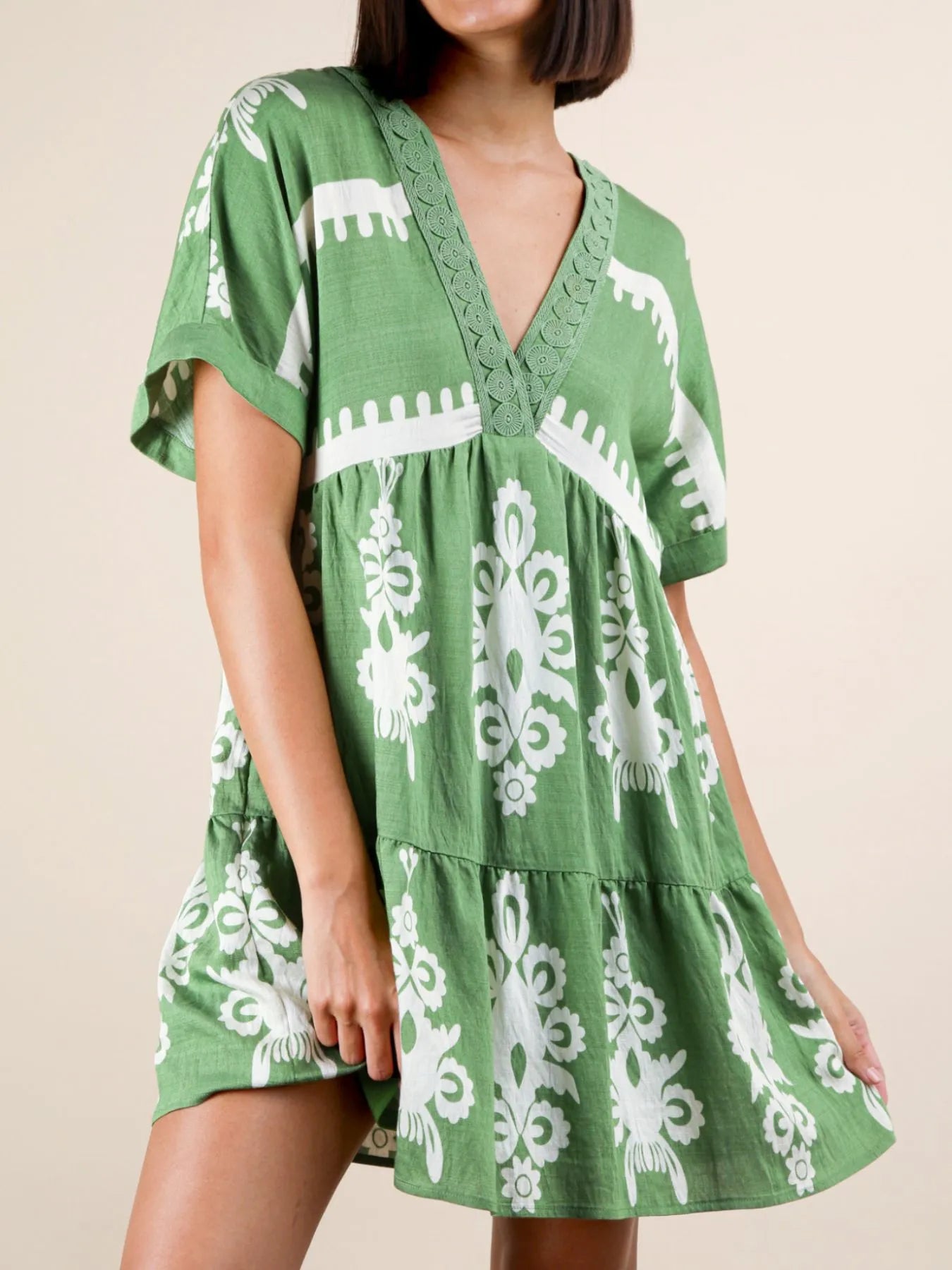 Image of Printed V-Neck Short Sleeve Mini Dress | Queeble.shop