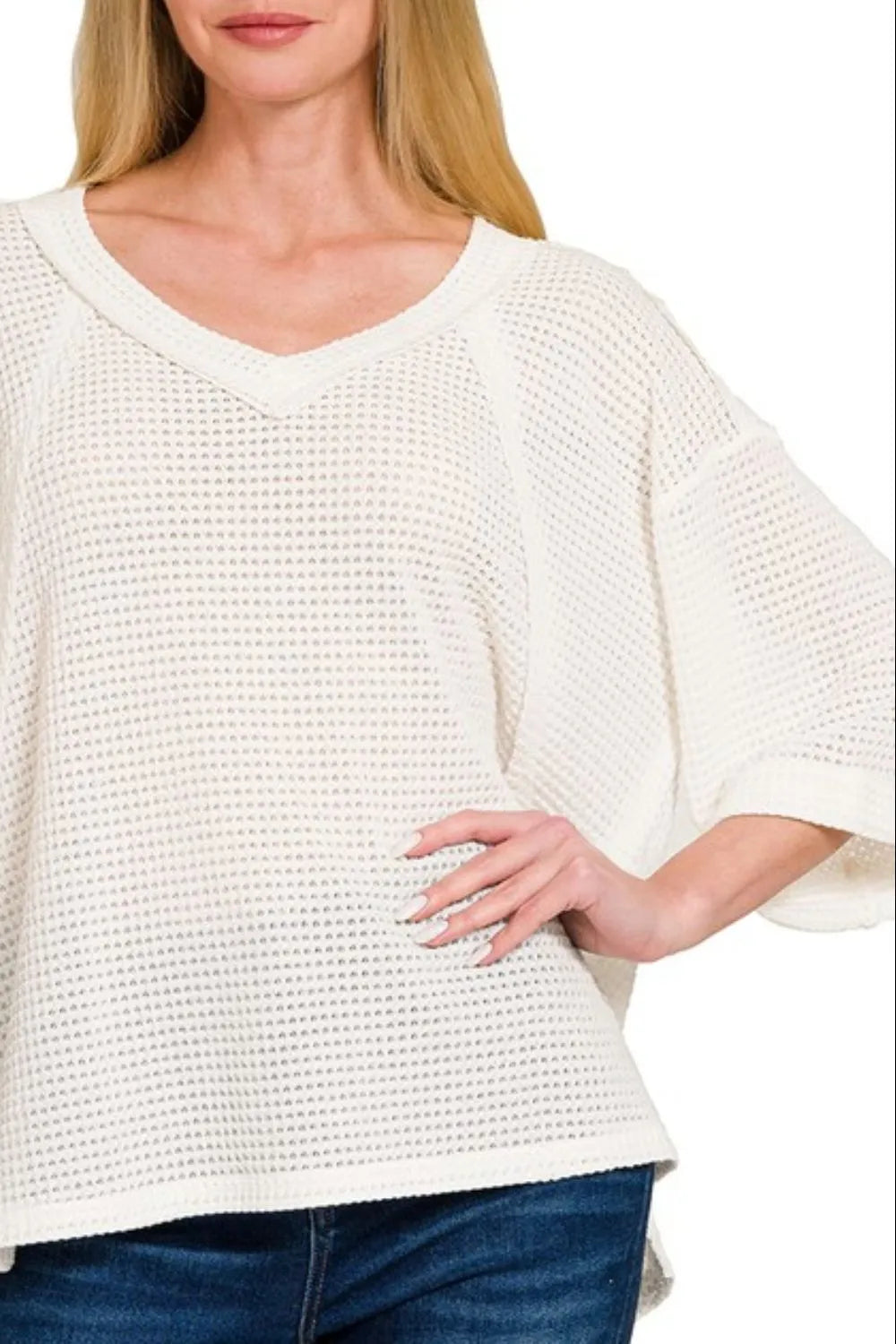 Image of Zenana Brushed Waffle Exposed-seam 3/4 Sleeve Top | Queeble.shop