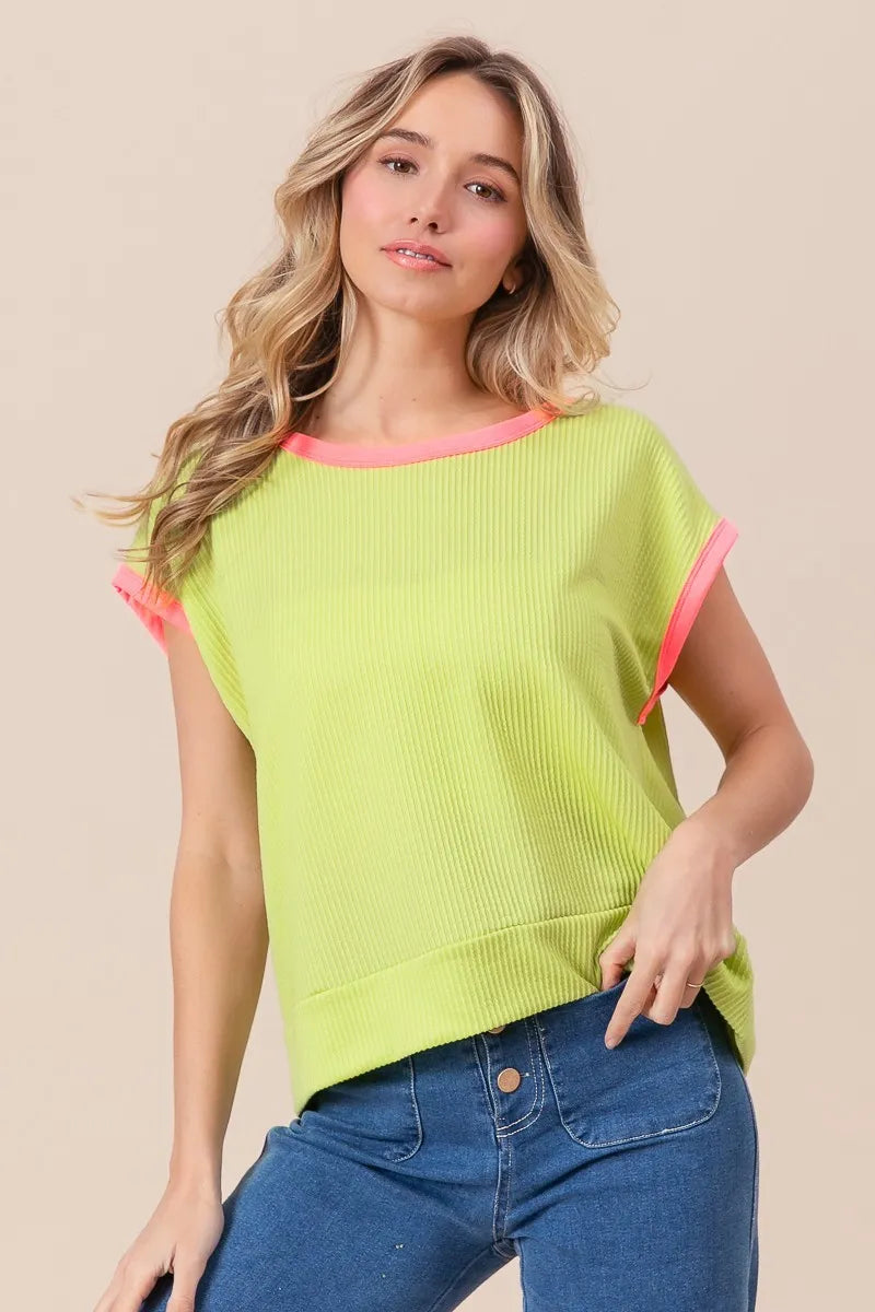 Image of BiBi Cord Rib Knit Contrast Banded Top | Queeble.shop