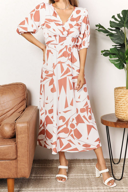 Image of Printed Surplice Balloon Sleeve Dress | Queeble.shop