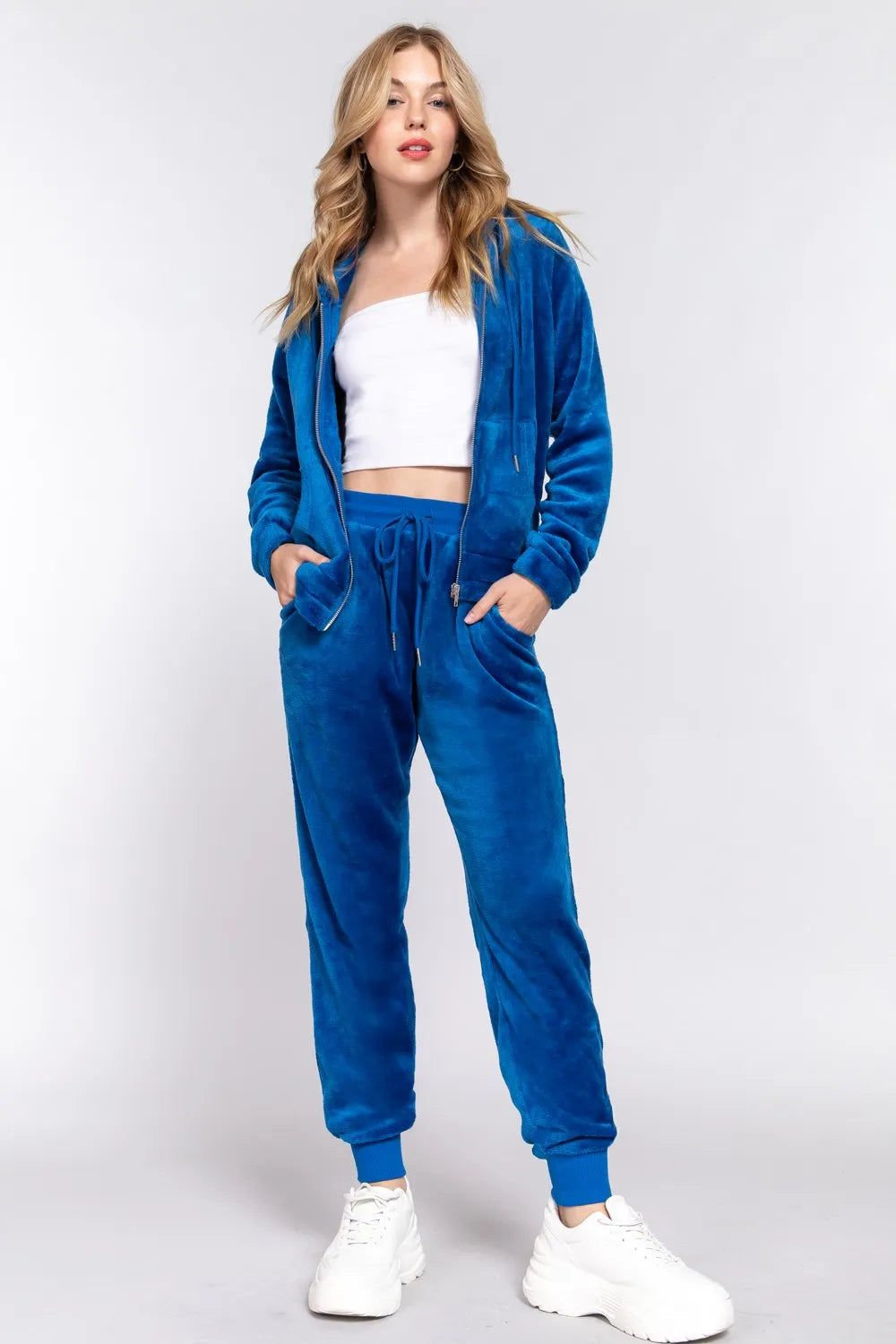 Image of ACTIVE BASIC Faux Fur Zip Up Long Sleeve Hoodie and Joggers Set | Queeble.shop