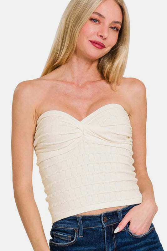 Image of Zenana Ruched Twisted Sweetheart Neck Top | Queeble.shop