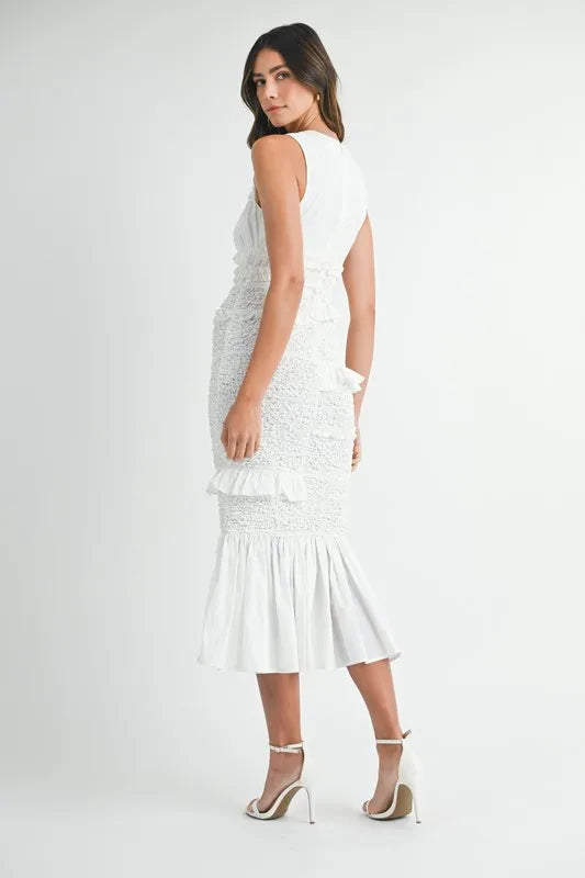 Image of MABLE Ruffled Popcorn Smocked Mermaid Midi Dress | Queeble.shop