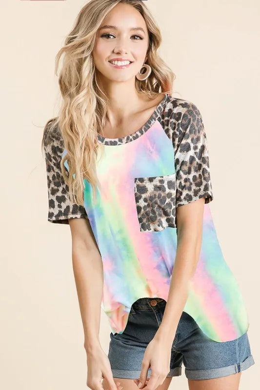 Image of BiBi Tie Dye Knit Top with Leopard Raglan Sleeves | Queeble.shop