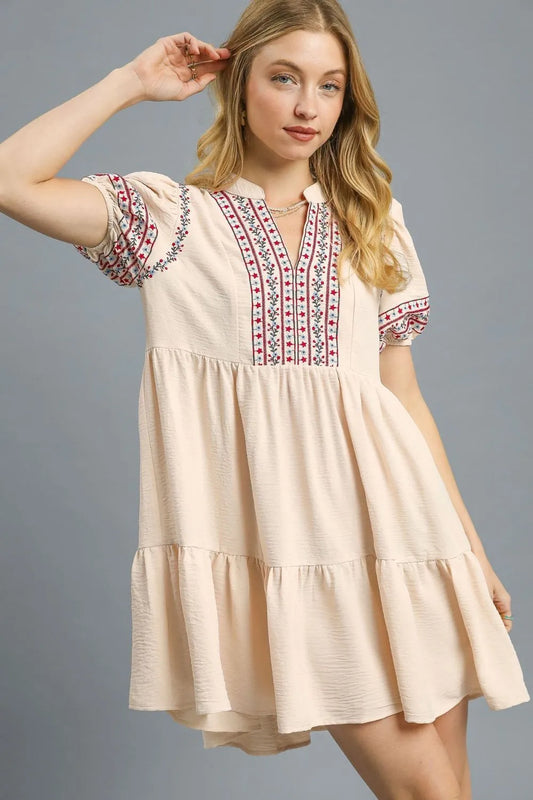 Image of Umgee Floral Trim Puff Sleeve Mini Dress | Queeble.shop