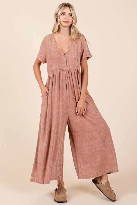 Image of Mittoshop Mineral Wash Short Sleeve Flowy Wide Leg Jumpsuit | Queeble.shop
