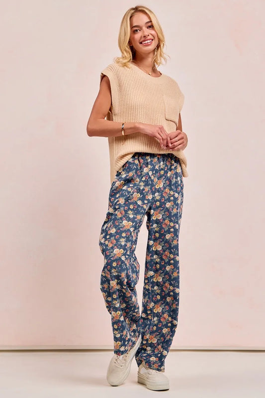 Image of BiBi Washed Floral Print Wide Leg Jeans | Queeble.shop