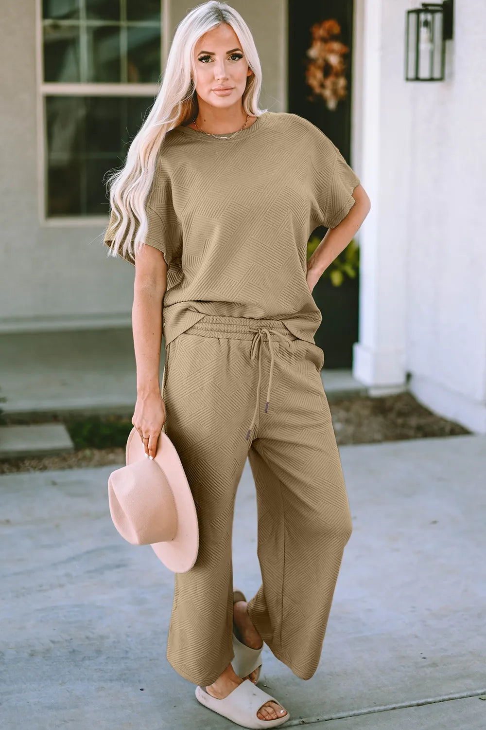 Image of Double Take Full Size Texture Short Sleeve Top and Pants Set | Queeble.shop
