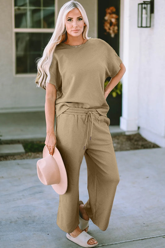 Image of Double Take Full Size Texture Short Sleeve Top and Pants Set | Queeble.shop