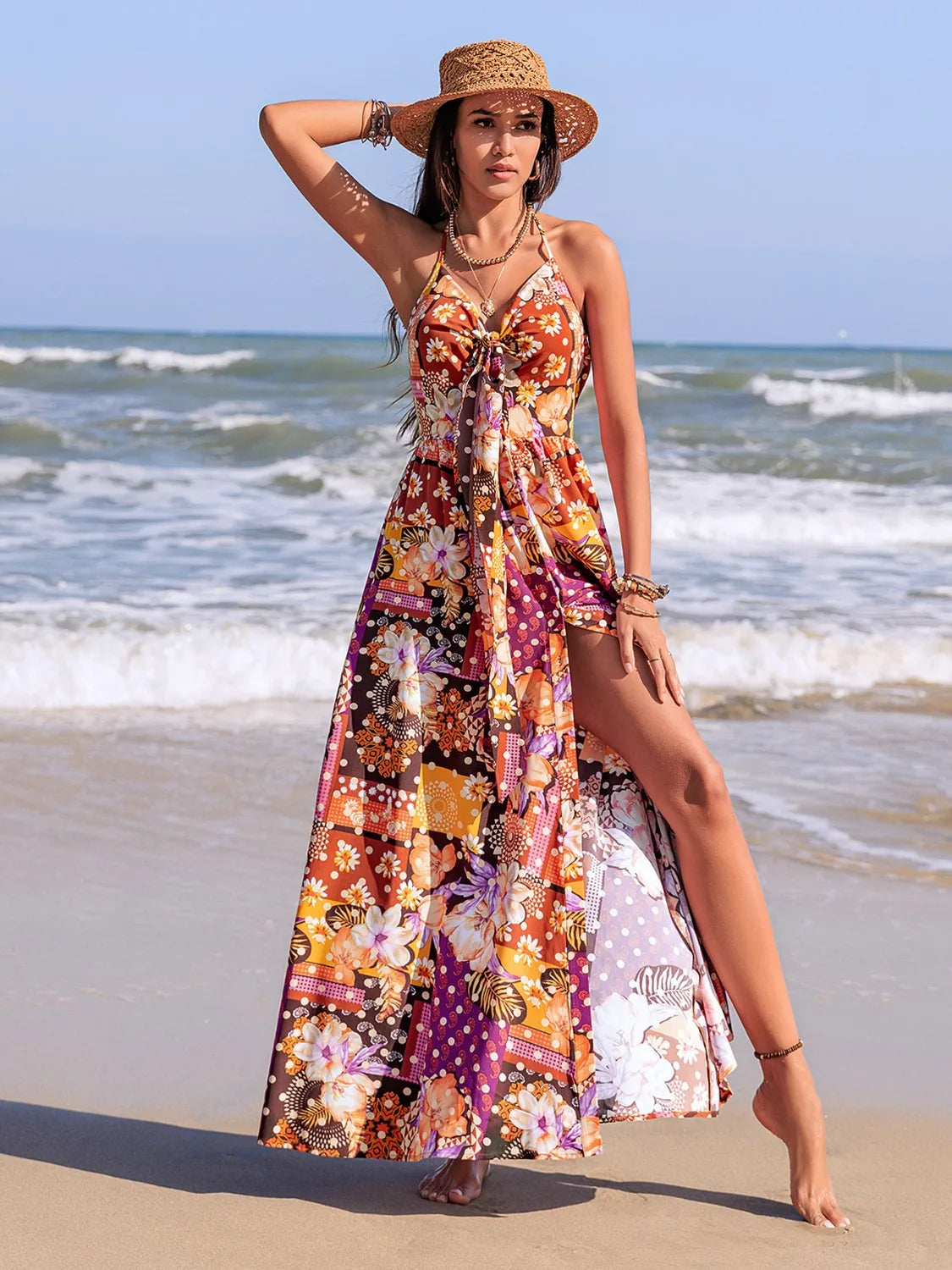 Image of Slit Printed Halter Neck Cami Dress | Queeble.shop