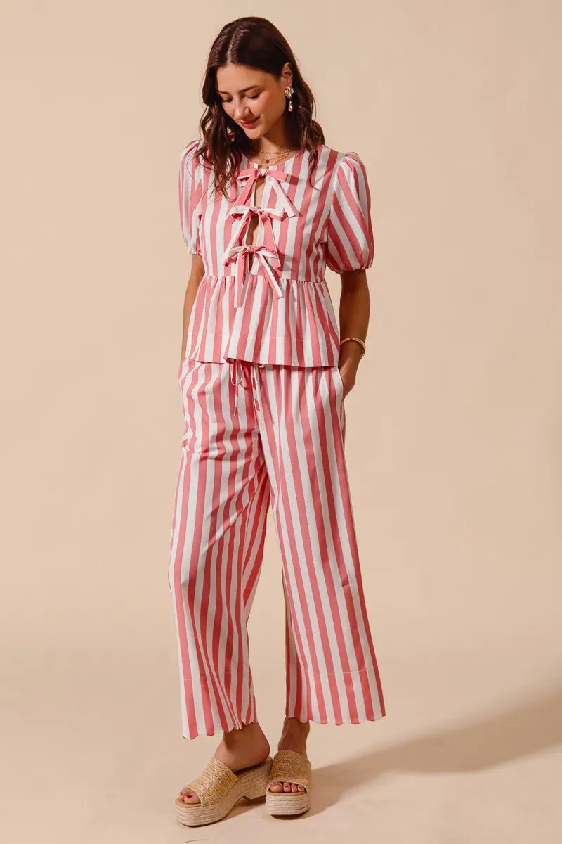 Image of SO ME Front Tie Stripe Top With Puff Sleeves and Wide Leg Pants Set | Queeble.shop