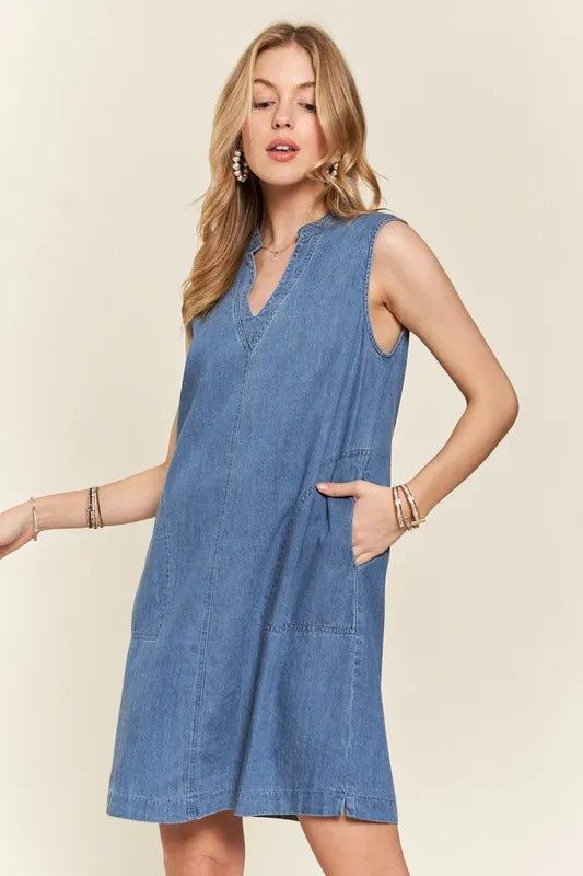 Image of ADORA Notched Sleeveless Denim Dress with Pockets | Queeble.shop