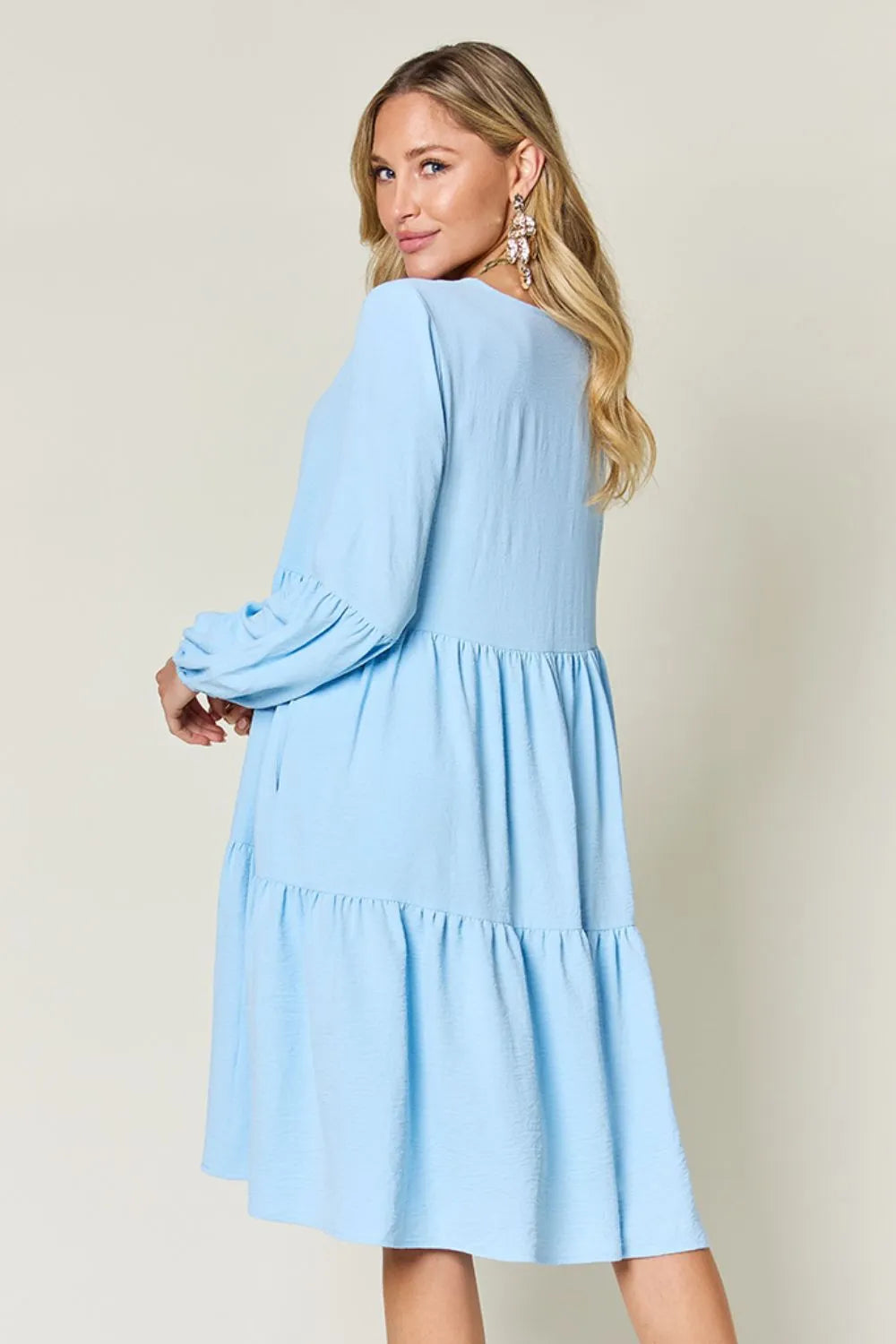 Image of Double Take Full Size V-Neck Balloon Sleeve Tiered Dress with Pockets | Queeble.shop