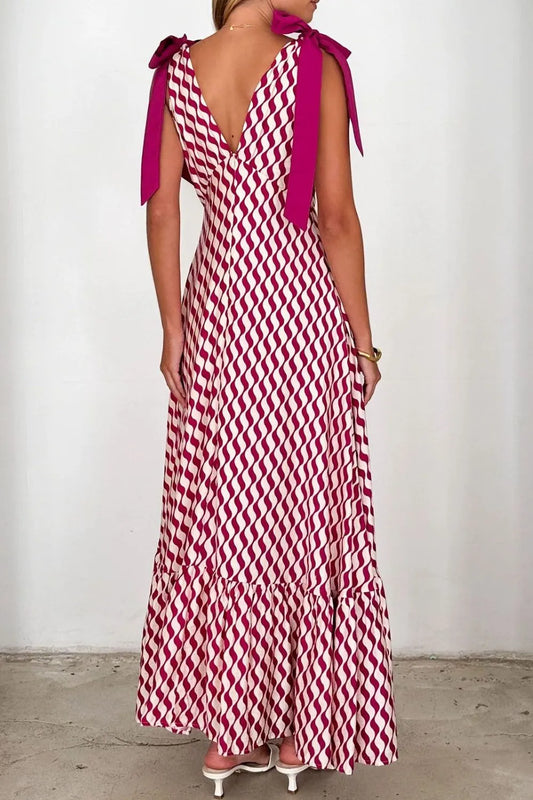 Image of Printed V-Neck Tie Shoulder Midi Cami Dress | Queeble.shop