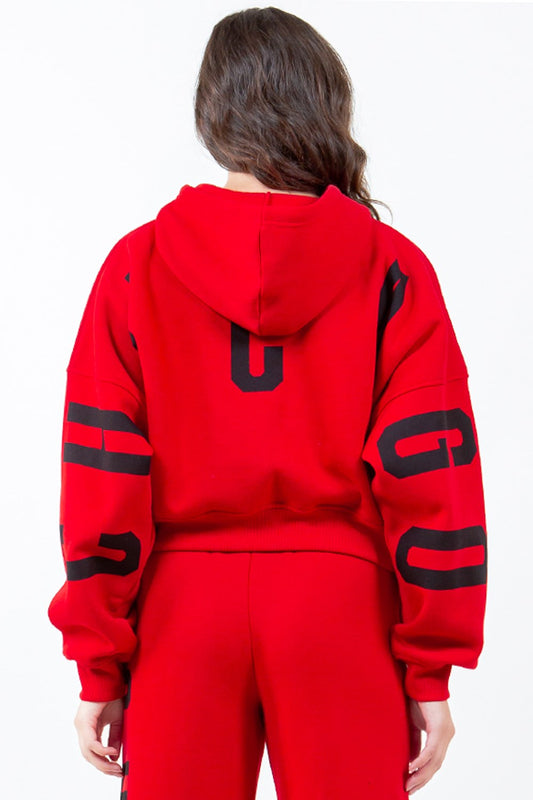 Image of American Bazi Letter Graphic Long Sleeve Drawstring Cropped Hoodie | Queeble.shop