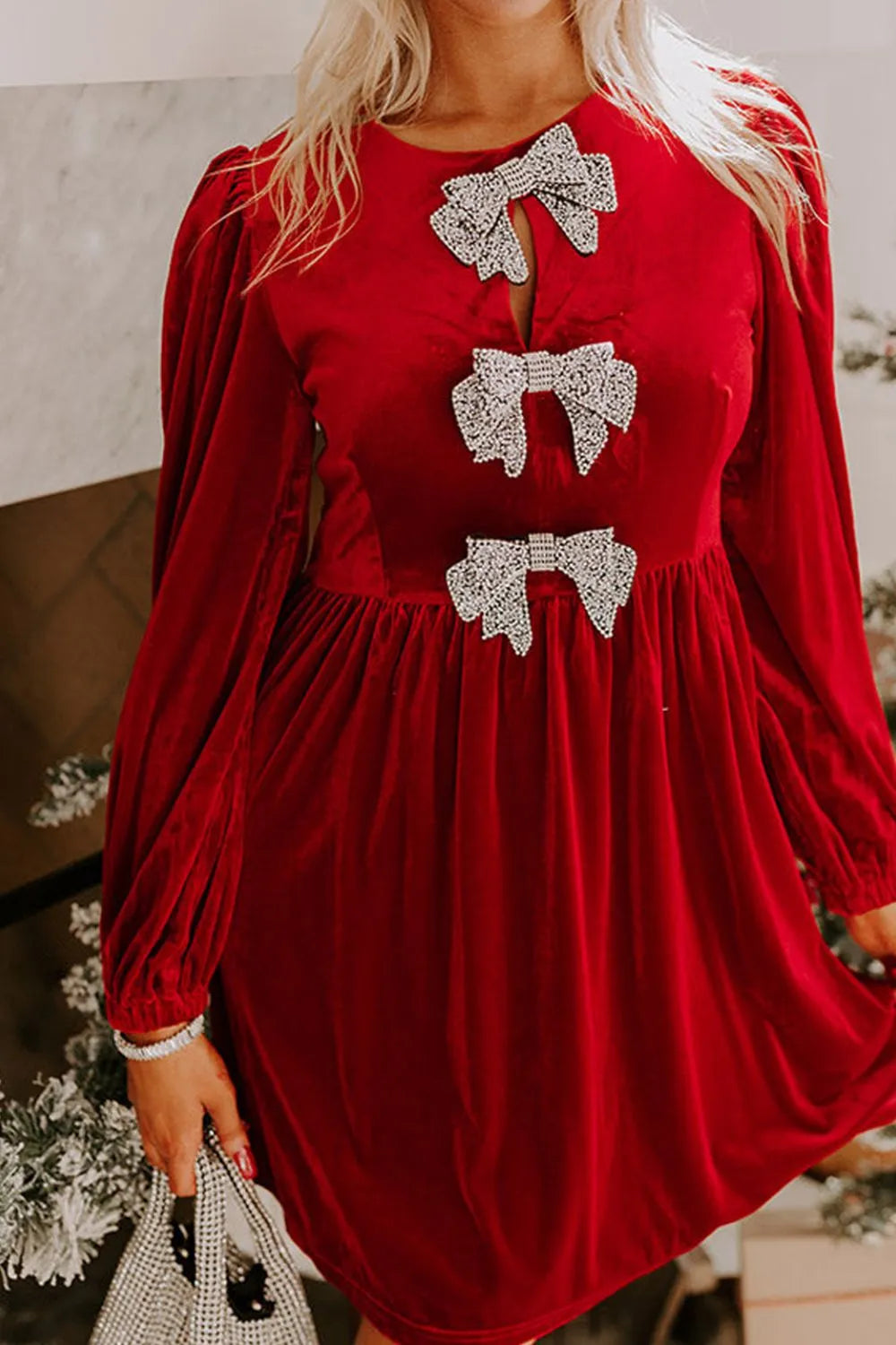 Image of Velvet Bow Front Balloon Sleeve Dress | Queeble.shop