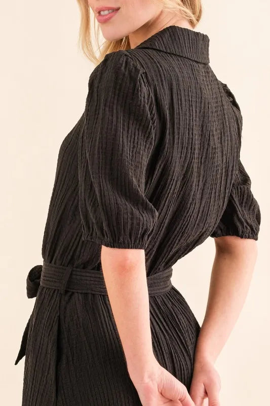 Image of And The Why Waffle Textured Ribbon Waist Midi Dress | Queeble.shop