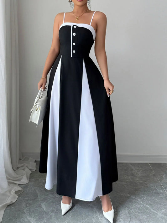 Image of Decorative Button Contrast Maxi Cami Dress | Queeble.shop