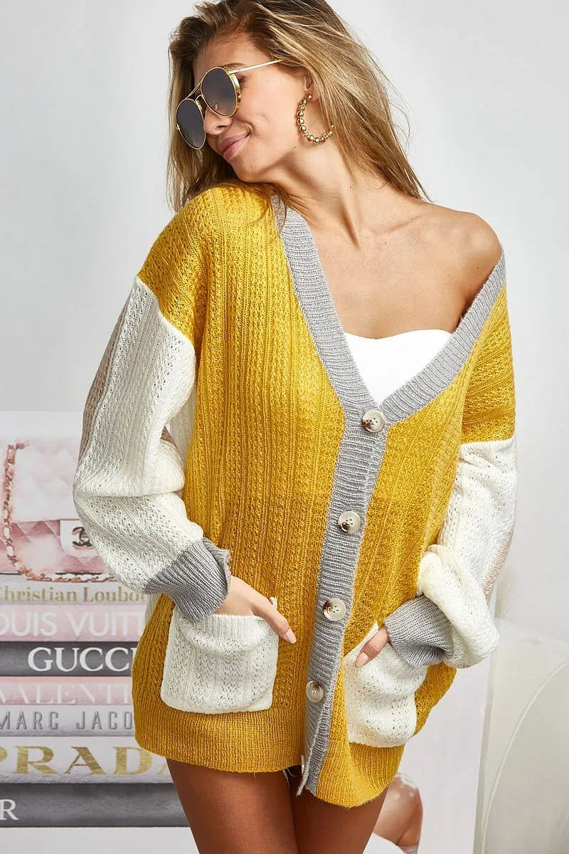 Image of BiBi Color Block Sweater Cardigan with Button Closure | Queeble.shop