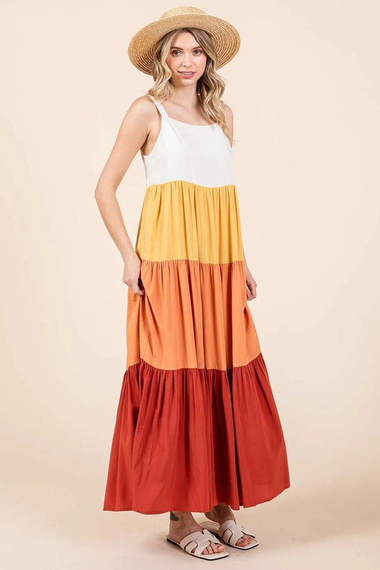 Image of Mittoshop Color Block Tiered Pull-On Maxi Dress | Queeble.shop
