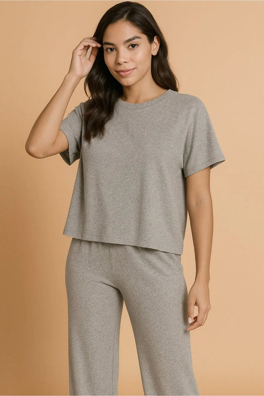 Image of Zenana Soft Melange Short Sleeve Tee & Long Pants Set | Queeble.shop