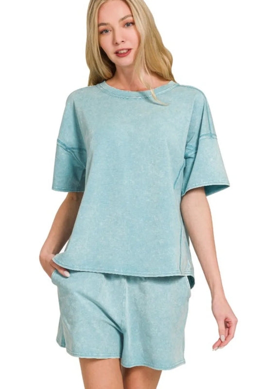 Image of Zenana Acid Washed Short Sleeve Tee & Shorts Set | Queeble.shop