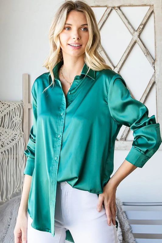 Image of First Love Satin Long Sleeve Button Down Shirt | Queeble.shop
