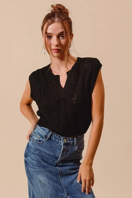 Image of SO ME Notched Neck Cable Knit Sweater Vest | Queeble.shop