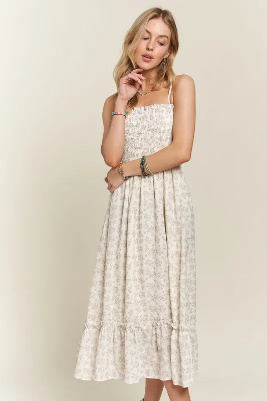 Image of ADORA Smocked Floral Ruffled Hem Cami Dress | Queeble.shop