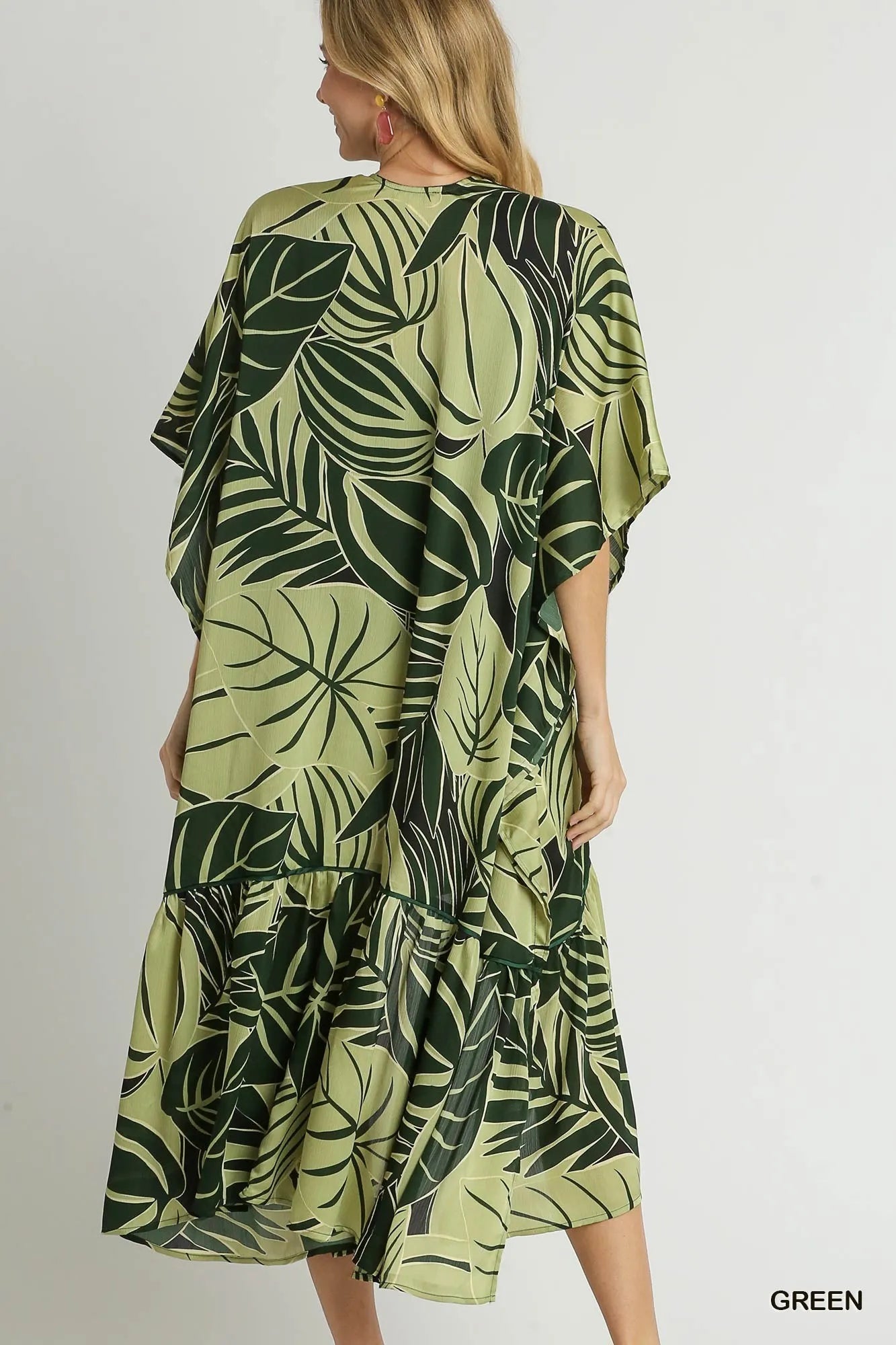 Image of Umgee Satin Tropical Plant Print Open Front Kimono with Ruffle Details | Queeble.shop